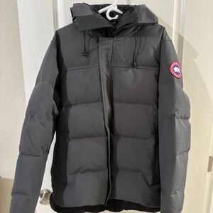 Canada Goose Gray Puffer Jacket with Hood and Quilted Design